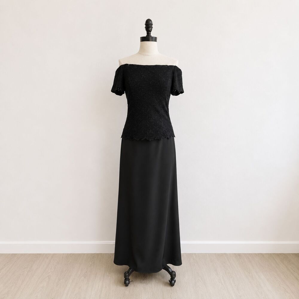 Vintage Black Lace Evening Gown Size 12 Off Shoulder Formal Maxi Dress Large